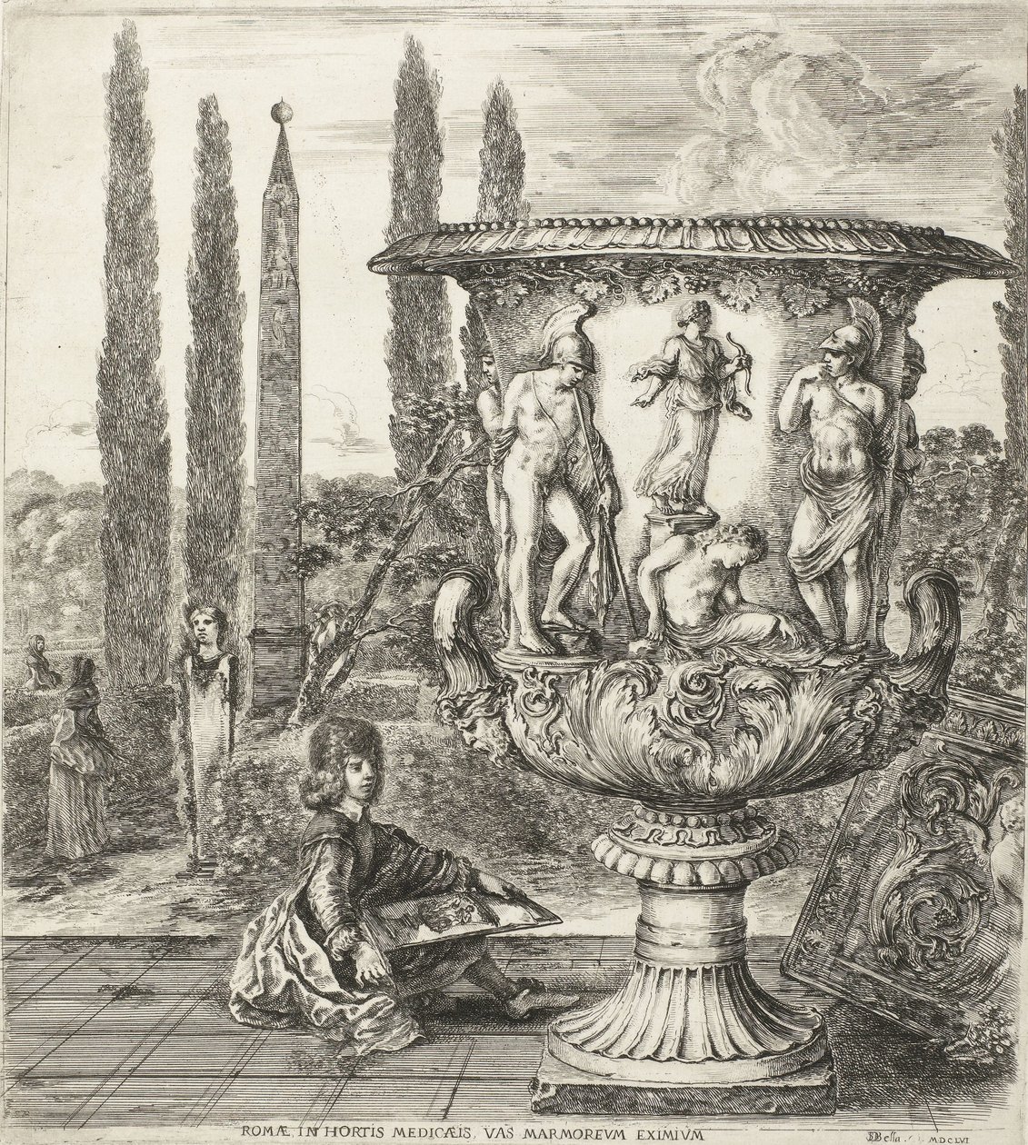 De jonge Cosimo III de Medici tekent de Medici-vaas Roma, en los jardines de los Medici, un mármol excepcional (título sobre objeto) Gezichten op Rome en omgeving (título de la serie) Six grandes vues, dont quatre de Rome et deux de la Campagne romaine (tí de Stefano della Bella