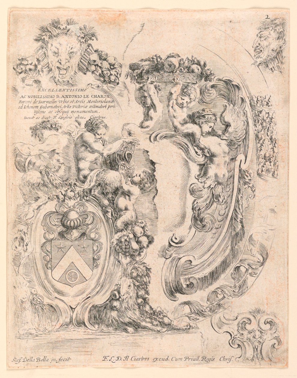 Escudos y detalles para escudos, No. 2 de "Raccolta di varii cappriccii et nove inventioni di cartelle et ornamenti" de Stefano della Bella
