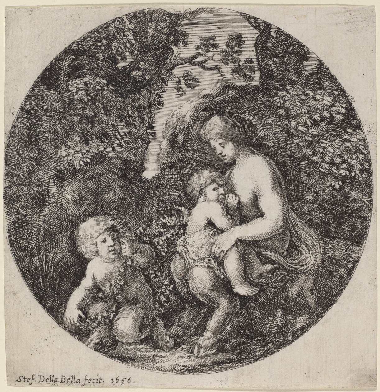 Sátiro hembra amamantando a un niño en un paisaje boscoso de Stefano della Bella