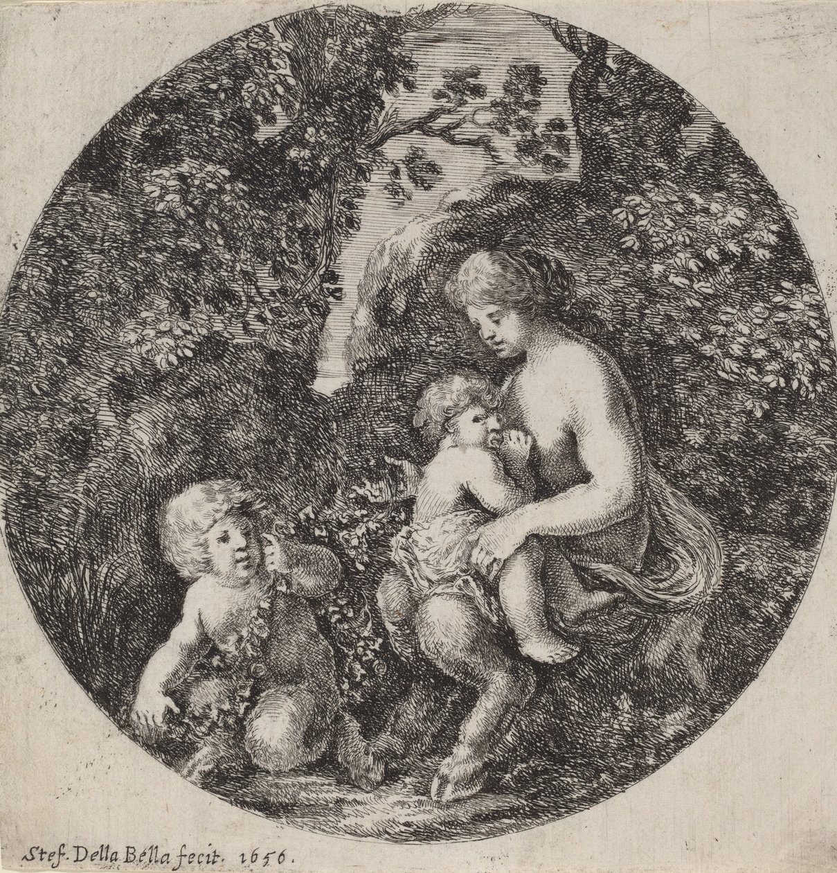 Sátiro femenino amamantando a un niño en un paisaje boscoso, 1656 de Stefano della Bella