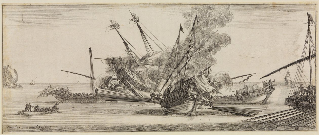 Paz y guerra (Et pace et bello): batalla naval en la que tres galeras han rodeado a una cuarta de Stefano della Bella