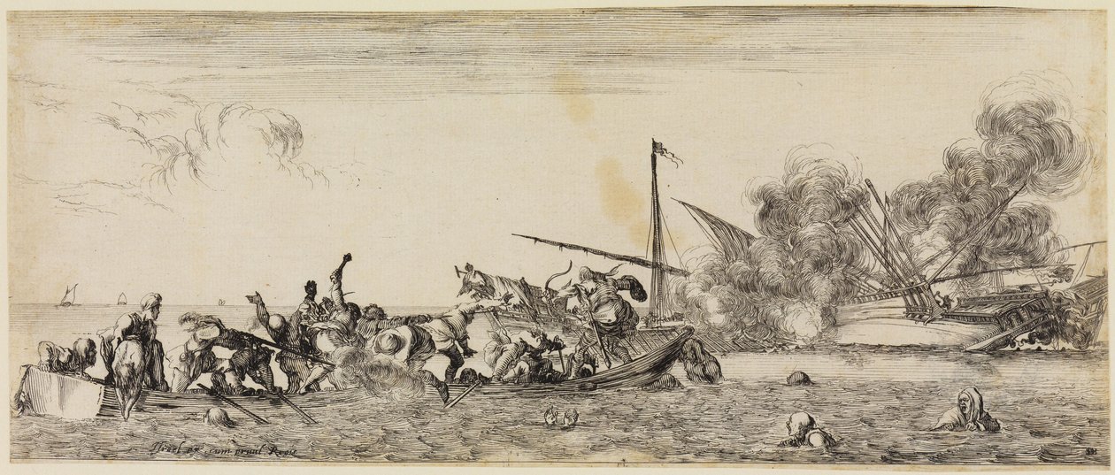 Paz y guerra (Et pace et bello): batalla naval con una barca de remos en primer plano de Stefano della Bella