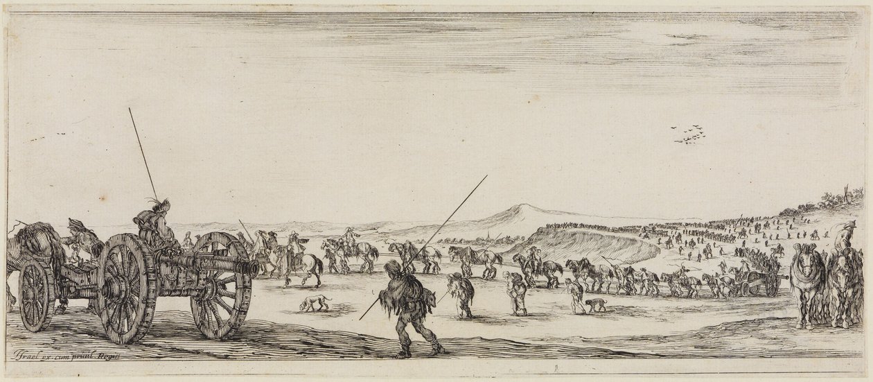 Paz y guerra (Et pace et bello): figuras con cañones y dos soldados armados con lanzas largas de Stefano della Bella