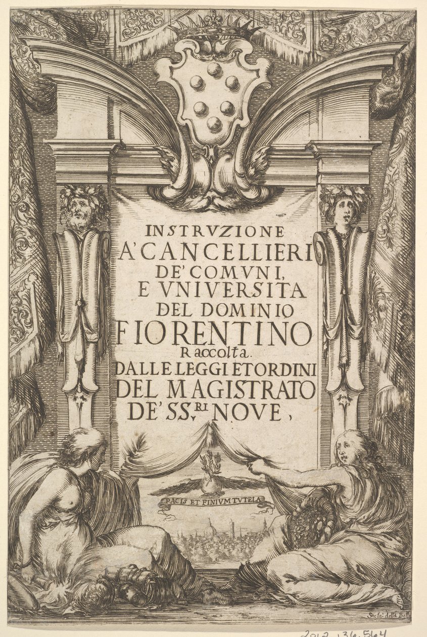 Frontispicio para Instrucciones para Cancilleres: Escudo de armas de los Medici, 1635 de Stefano della Bella