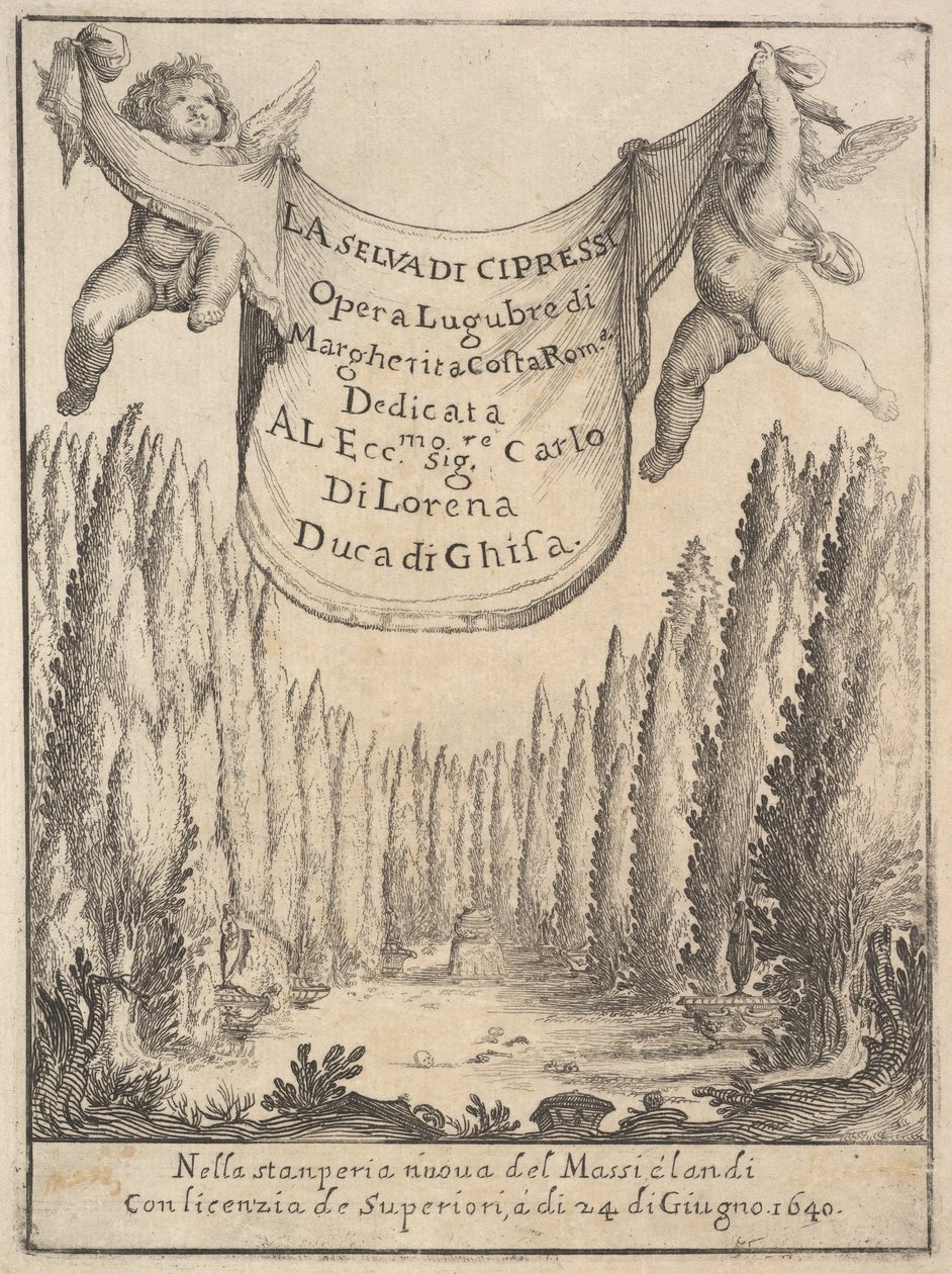 Frontispicio para El Bosque de Cipreses: dos putti sostienen un tapiz de Stefano della Bella
