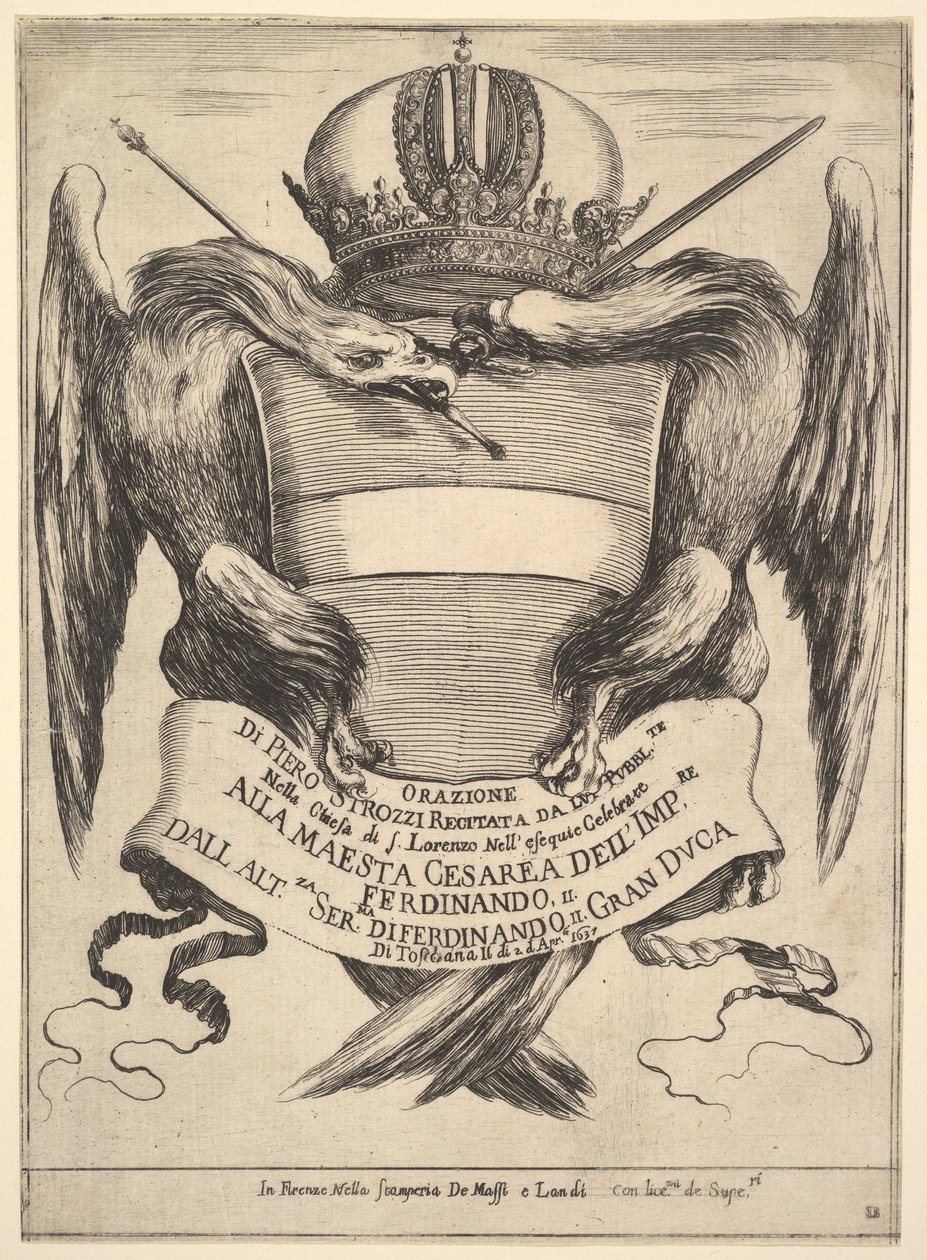 Frontispicio para El funeral del Emperador Fernando II Esequie dellimperadore Ferdinando..., 1637 de Stefano della Bella
