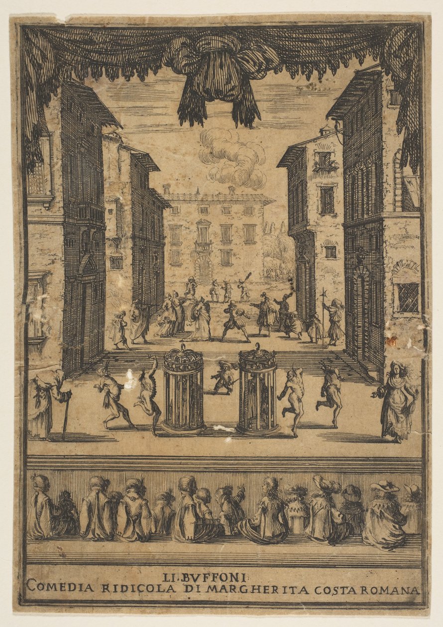 Frontispicio para la comedia Los Bufones Li Buffoni, un escenario que se asemeja a un p..., ca. 1639 de Stefano della Bella