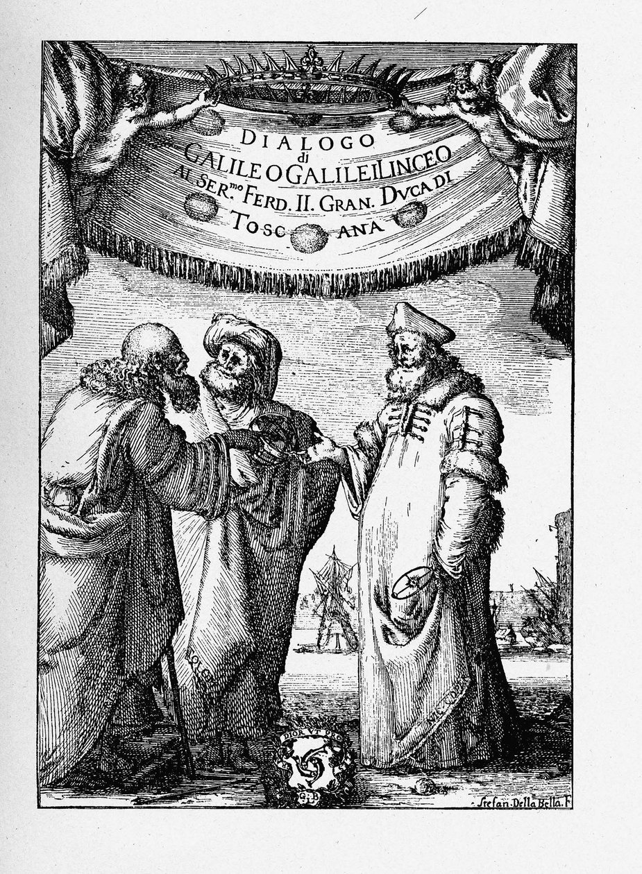 Frontispicio del Diálogo sobre los dos principales sistemas del mundo de Galileo Galilei, 1632 de Stefano della Bella