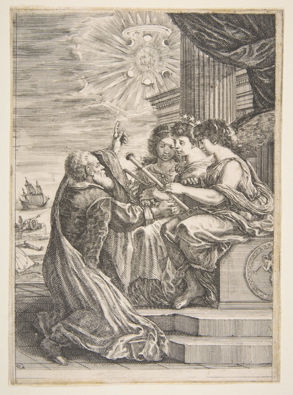 Galileo y personificaciones de Astronomía, Perspectiva y Matemáticas, frontispicio para, 1656 de Stefano della Bella