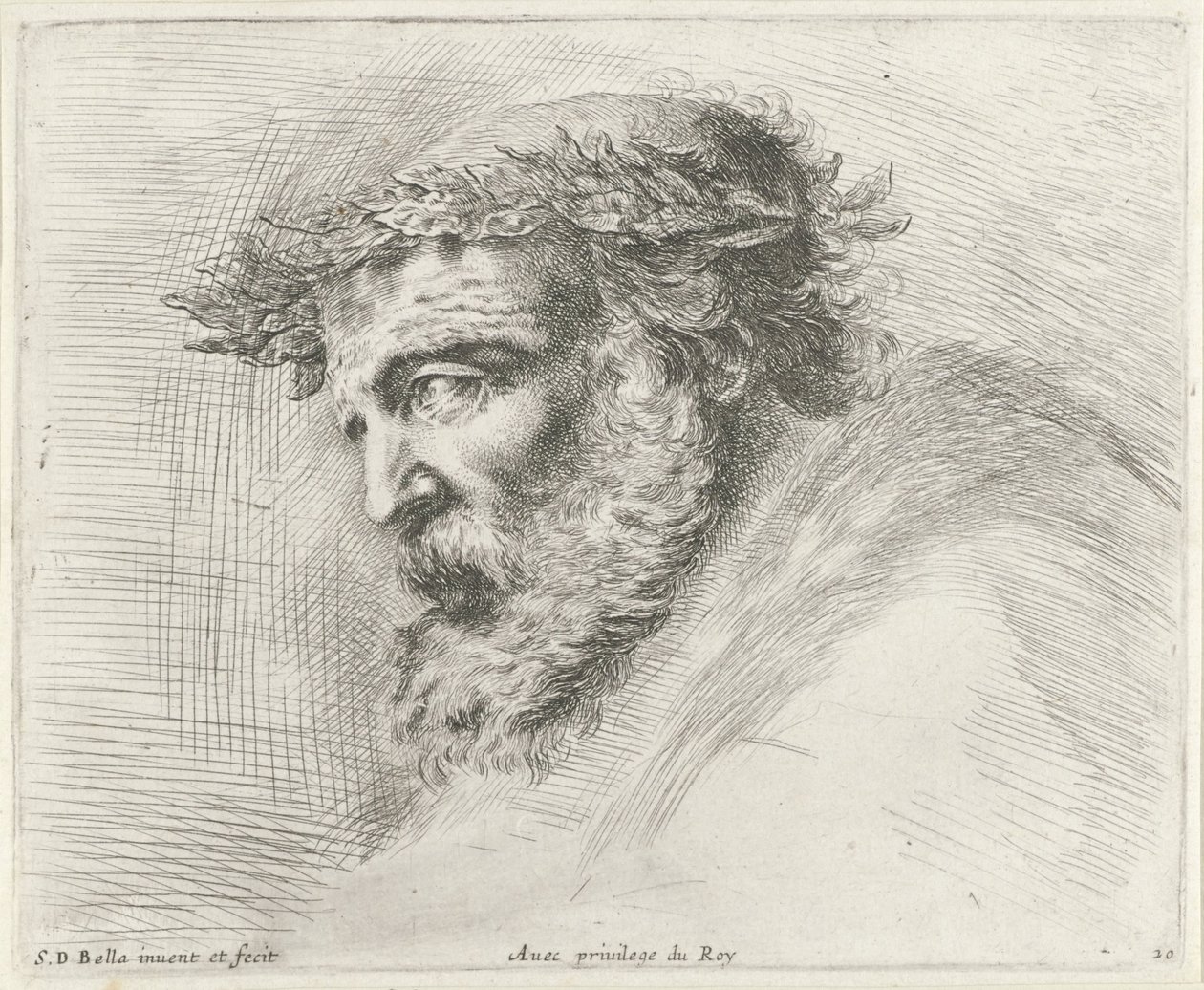 Cabeza de un anciano con barba y corona de laurel, de perfil a la izquierda
Los principios del dibujo (título de la serie)
I principii del disegno (título de la serie) de Stefano della Bella