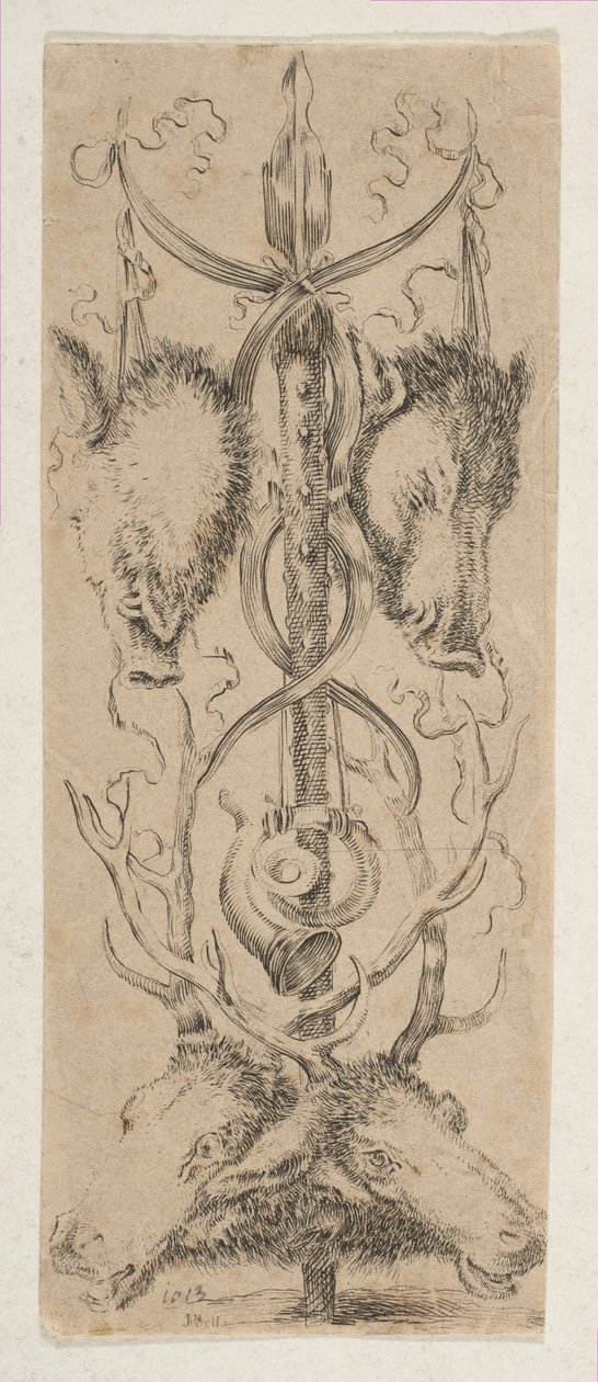 Trofeo de caza con cabezas de ciervo en la parte inferior, ca. 1653 de Stefano della Bella