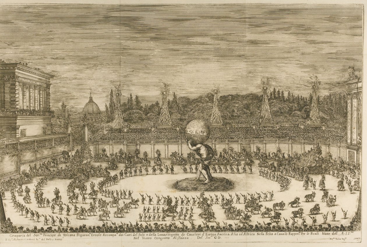 Il mondo festeggiante, balletto a cavallo con motivo de la boda de Cosimo de Medici con M de Stefano della Bella