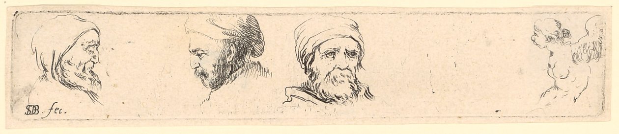Estudios de cabezas de tres filósofos, a la derecha estudio de una figura alada de Stefano della Bella