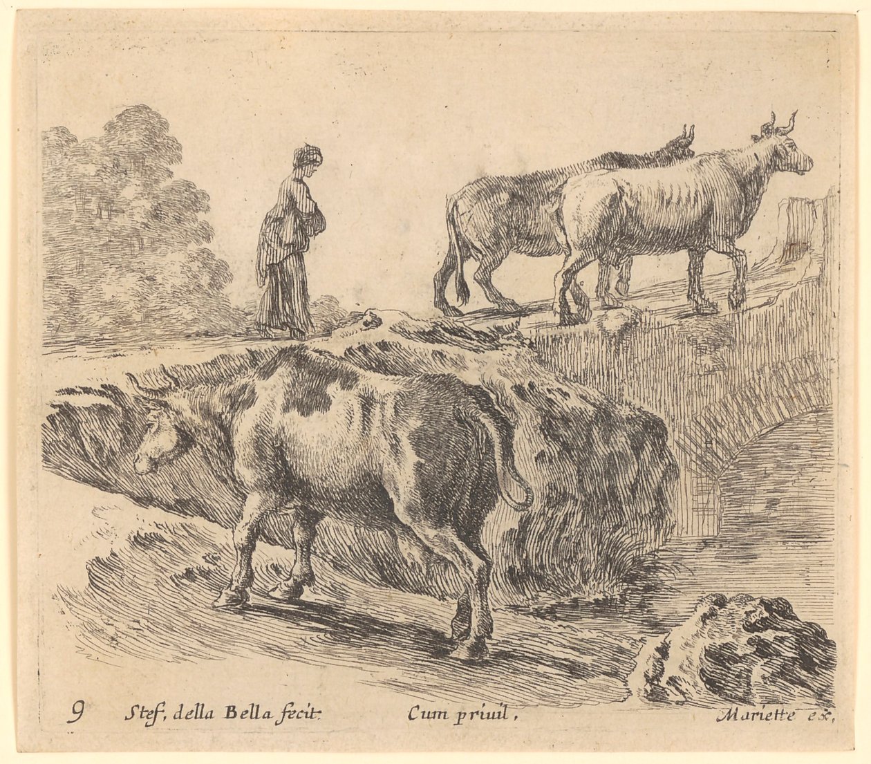 Una vaca sube una colina, al fondo una campesina con dos vacas entra en un puente de Stefano della Bella