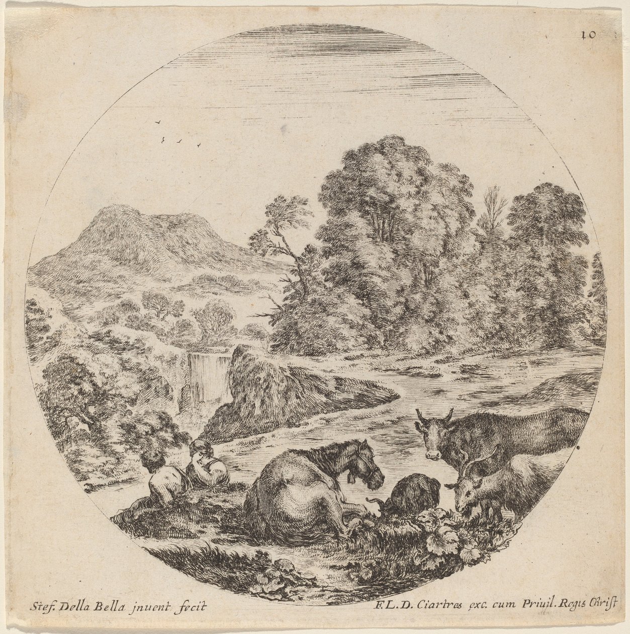 Paisaje con Animales y Dos Pastores Sentados de Stefano della Bella