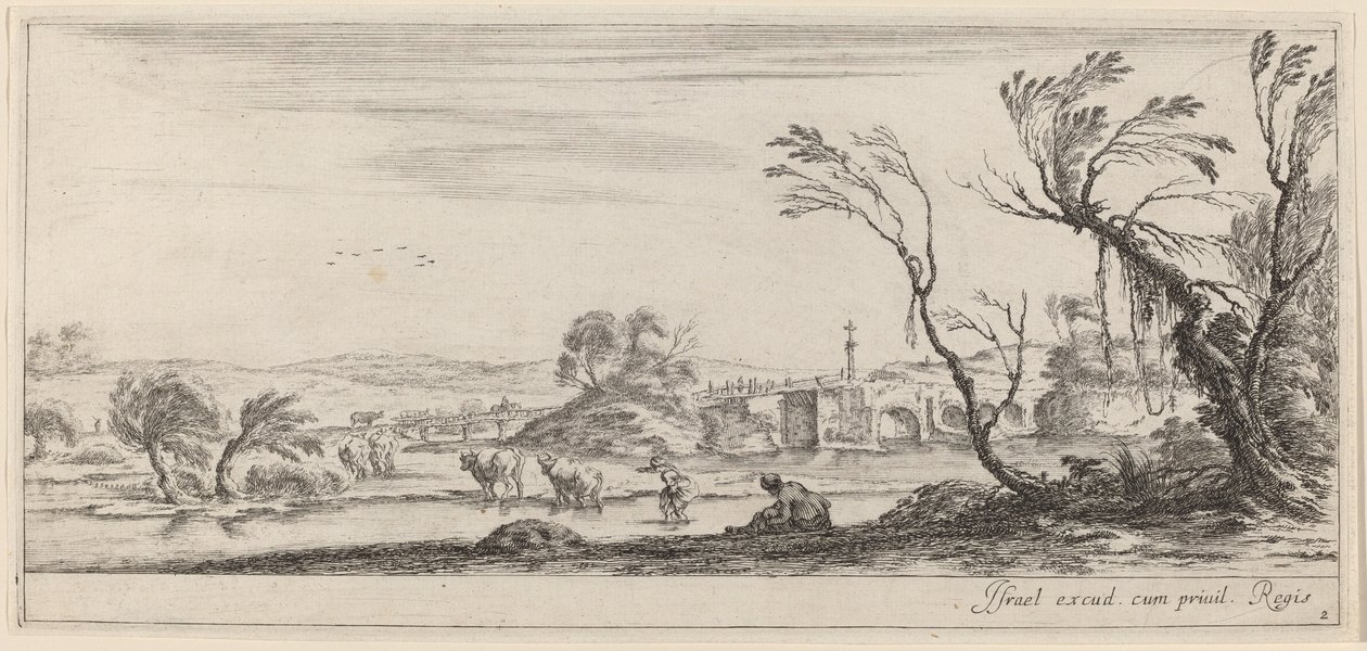 Paisaje con campesino preparándose para cruzar un arroyo, en o antes de 1647 de Stefano della Bella