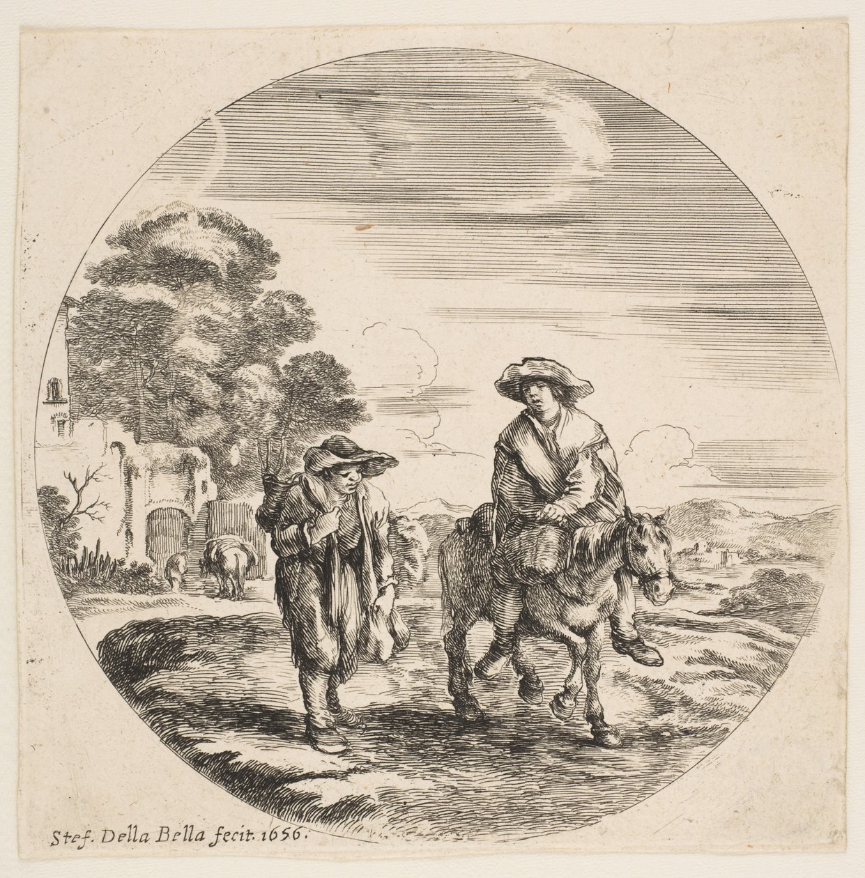 Paisaje con dos campesinos, uno montando un caballo, de Paisajes y puertos marítimos Paysages..., 1656 de Stefano della Bella