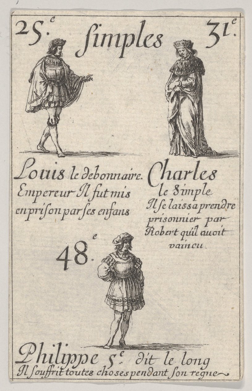 Luis el Piadoso... Carlos el Simple, del Juego de los Reyes de Francia Jeu des Rois, 1644 de Stefano della Bella