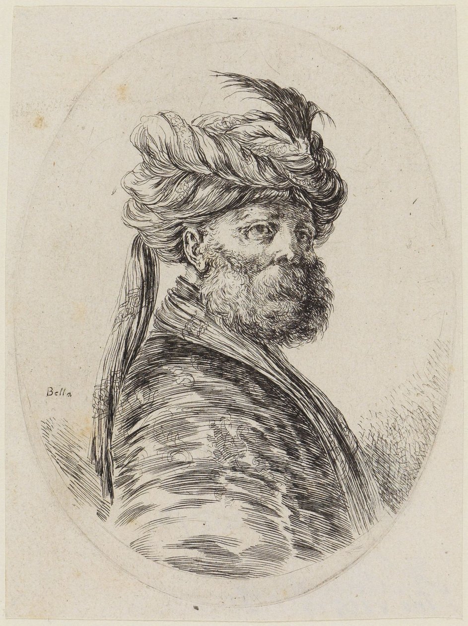 Varias cabezas peinadas al estilo persa (Plusieurs têtes coiffées à la persienne): busto de un turco barbudo en perspectiva de tres cuartos, mirando hacia la derecha de Stefano della Bella