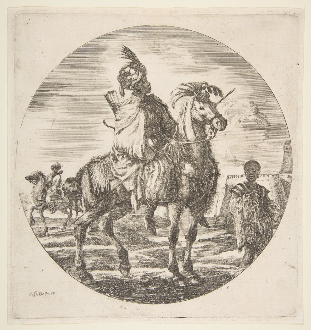 Jinete moro de perfil mirando a la derecha, un esclavo negro sosteniendo una piel a la derecha, ca. 1651 de Stefano della Bella
