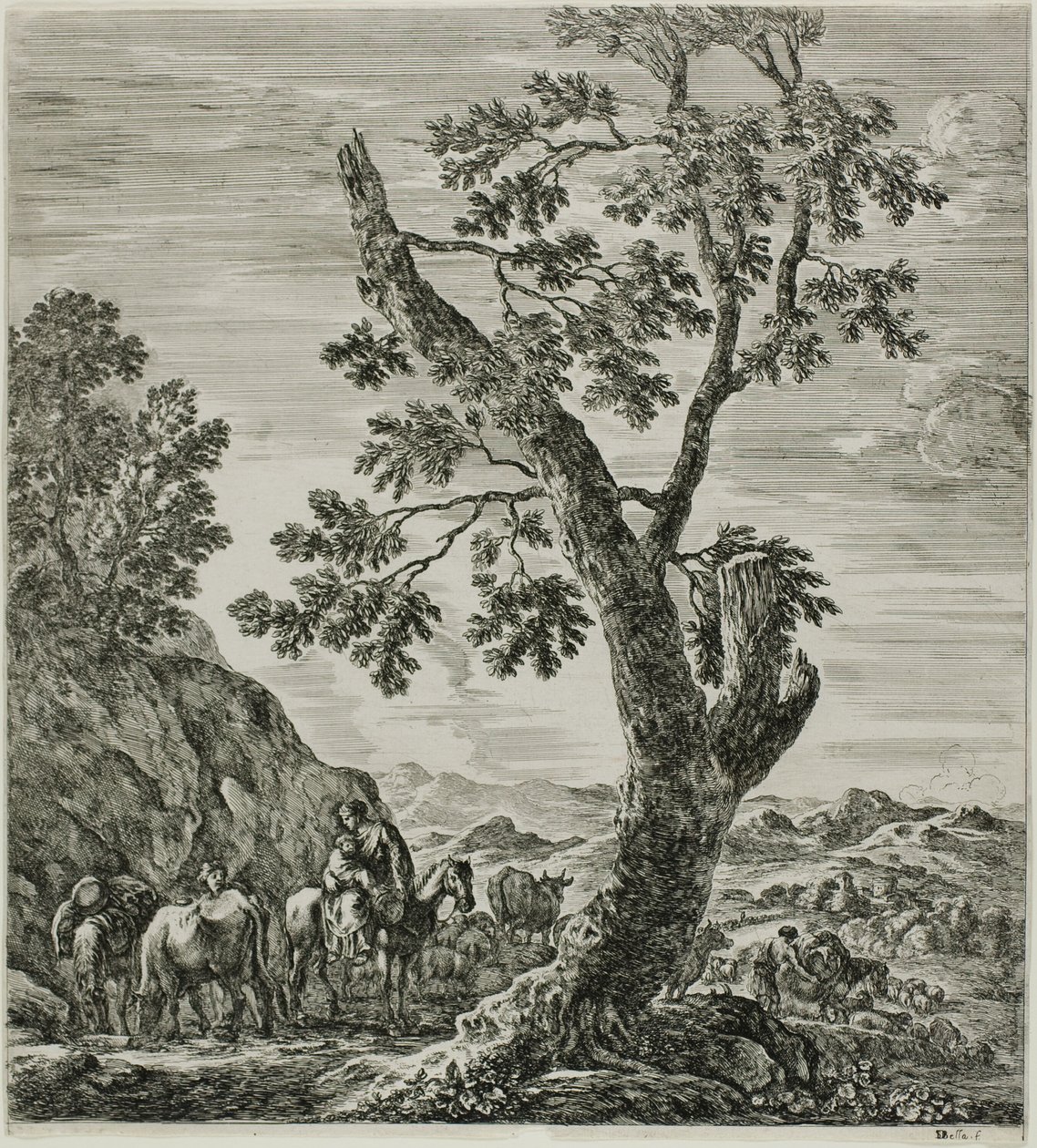 Campesina montada con un niño en sus brazos, placa seis de Las seis grandes vistas de Roma y la Campagna de Stefano della Bella