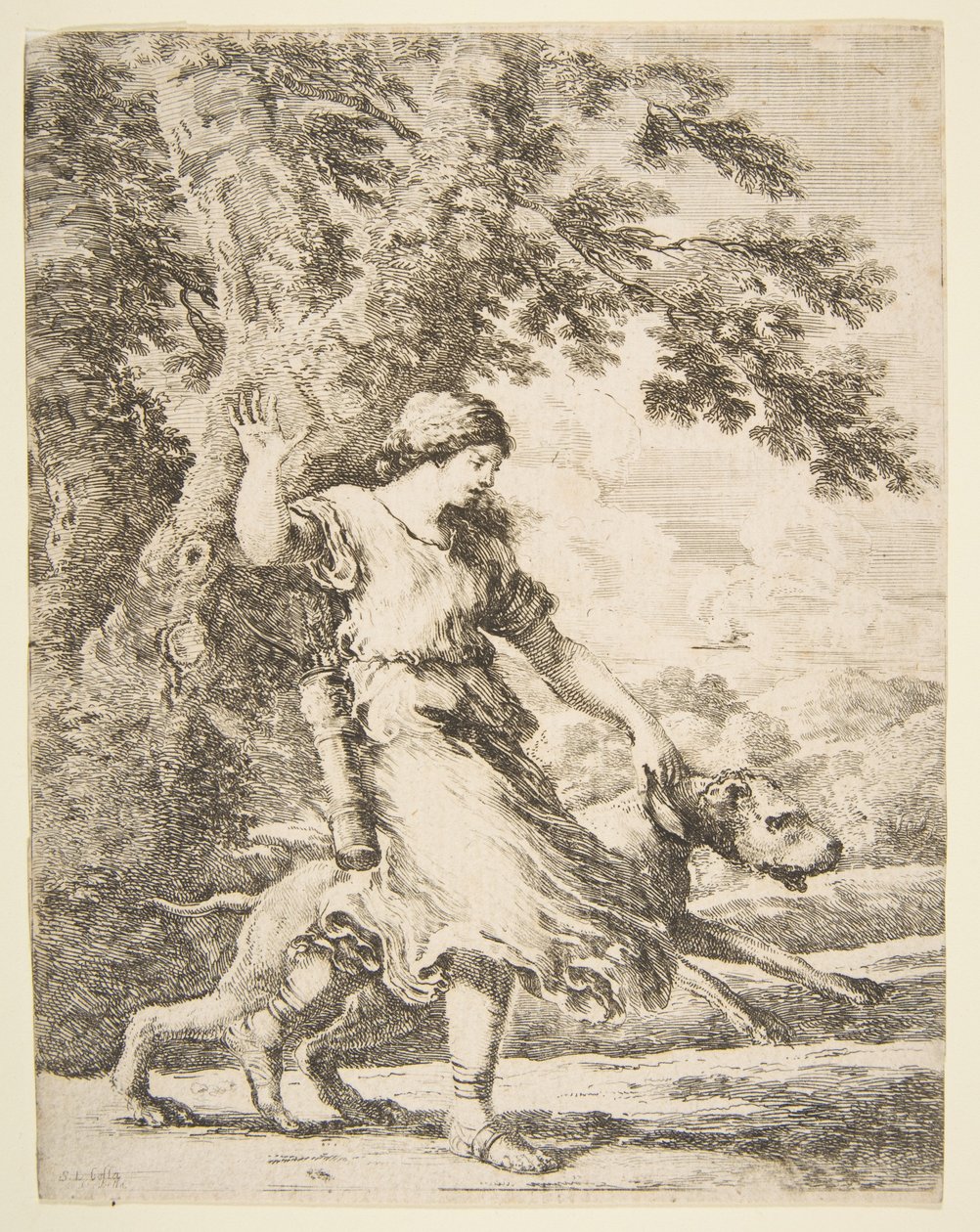 Ninfa sosteniendo un perro grande por el collar, ca. 1654 de Stefano della Bella