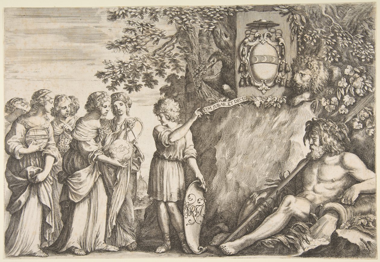 Diseño de ornamento para una tesis, el escudo de armas de Strozzi en la parte superior de Stefano della Bella