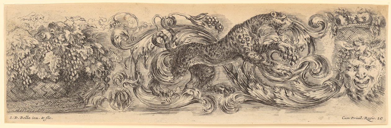 Friso ornamental con un leopardo saltando en el centro, una cesta de fruta a la izquierda y una máscara grotesca a la derecha de Stefano della Bella