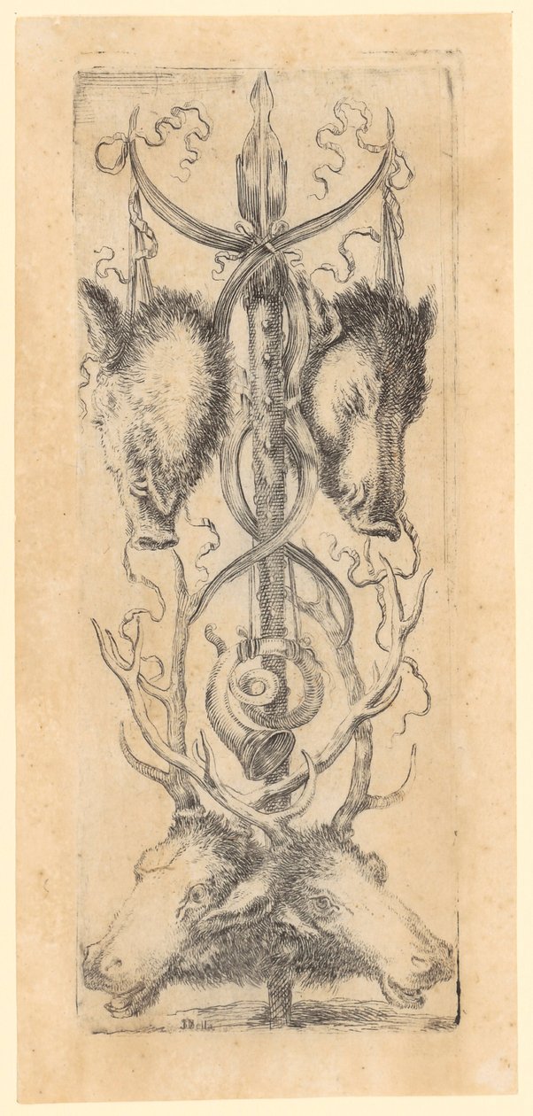 Panel ornamental con dos cabezas de jabalí en la parte superior, dos cabezas de ciervo en la parte inferior y un cuerno en el centro; lámina 8 de la serie «Ornamentos o grotescos» de Stefano della Bella