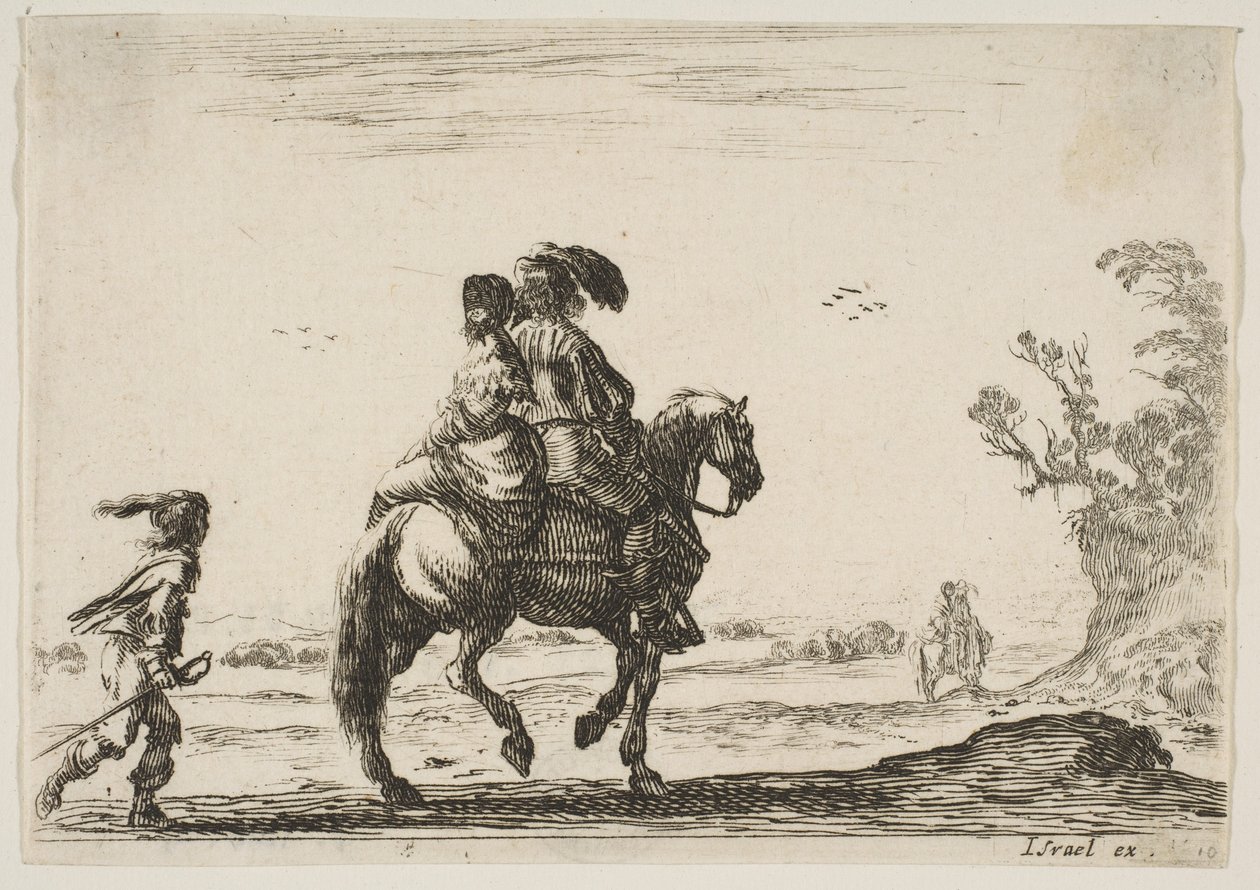 Placa 10: un jinete y una mujer, vistos desde atrás, cabalgando hacia la derecha con un joven, 1642 de Stefano della Bella