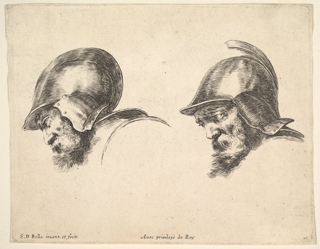 Dos cabezas de soldados viejos con cascos, ambos mirando a la izquierda y hacia abajo de Stefano della Bella