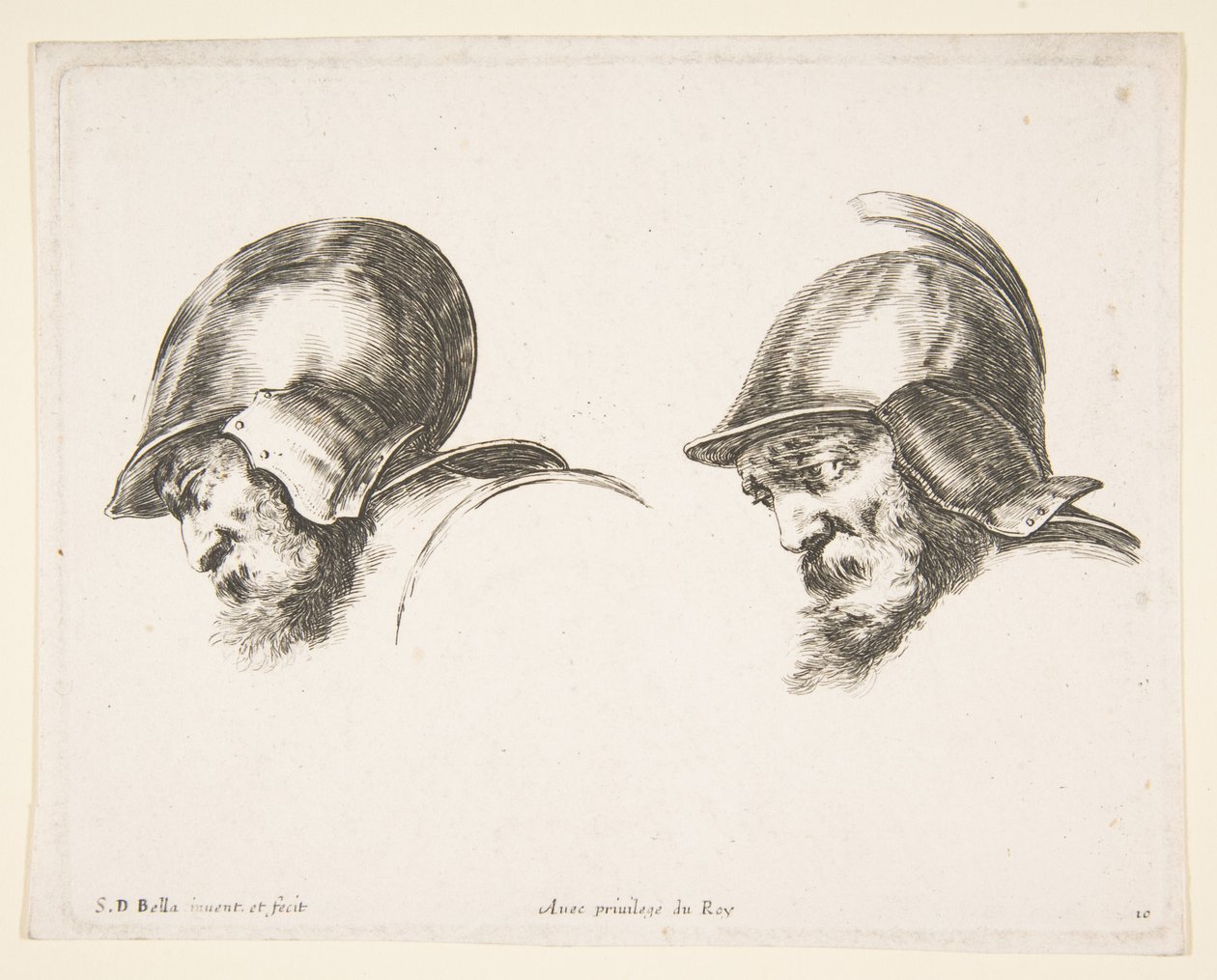 Placa 10: dos cabezas de viejos soldados con cascos, ambos mirando hacia la izquierda y hacia abajo..., ca. 1641 de Stefano della Bella
