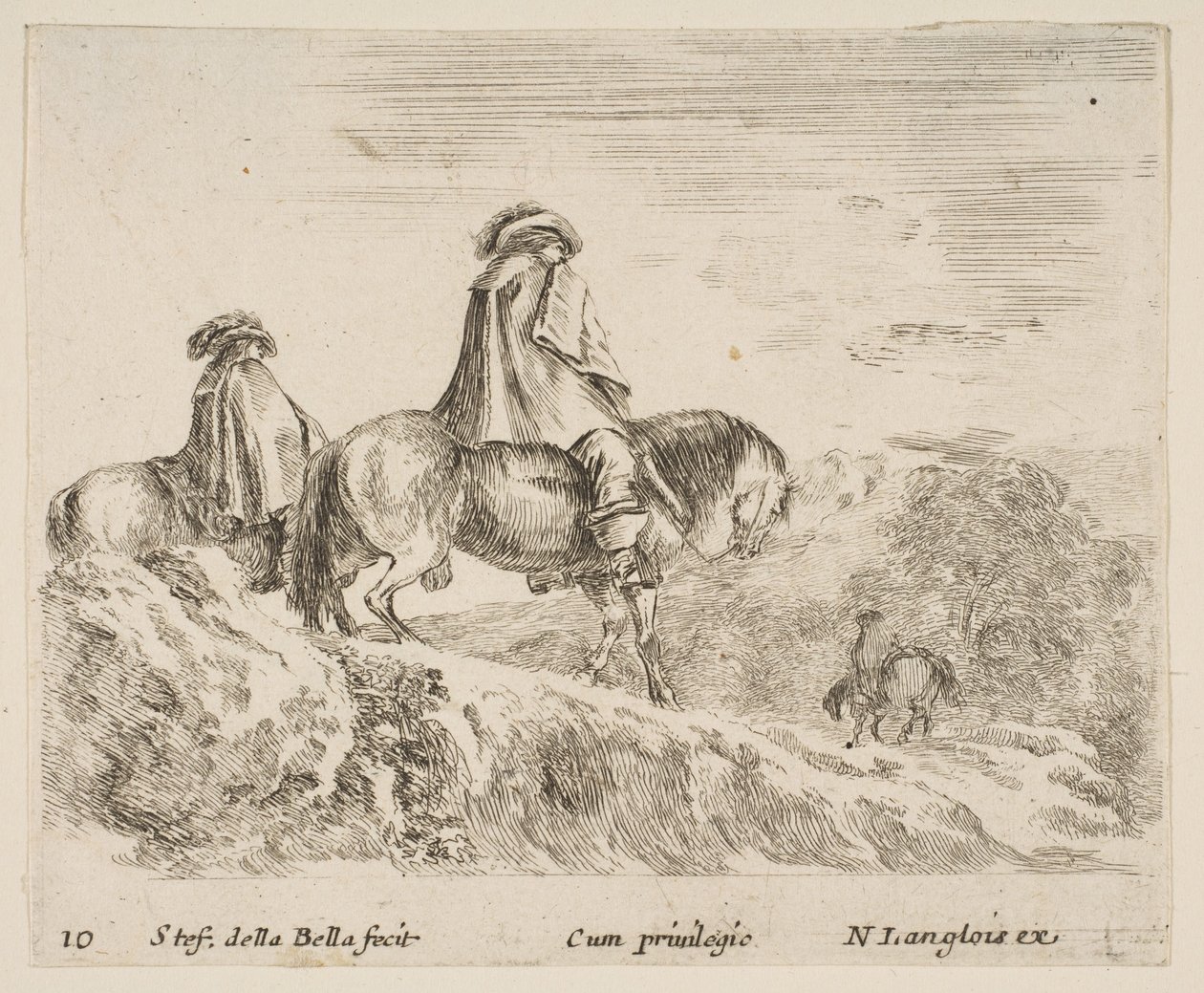 Placa 10: dos jinetes descendiendo una montaña a la izquierda, otro jinete a la derecha en ..., ca. 1644-47 de Stefano della Bella