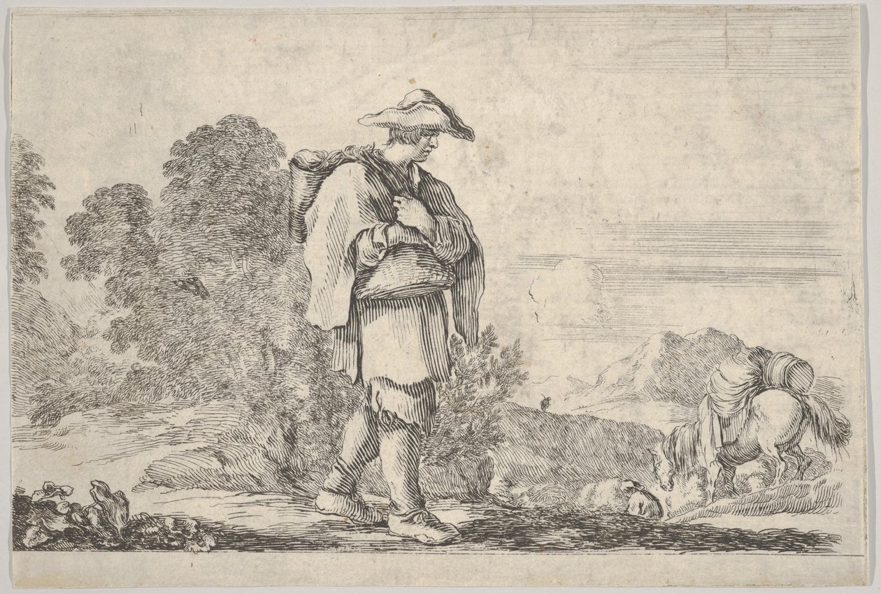 Placa 11: un campesino con sombrero en el centro, caminando hacia la derecha, un caballo descendiendo, ca. 1641 de Stefano della Bella