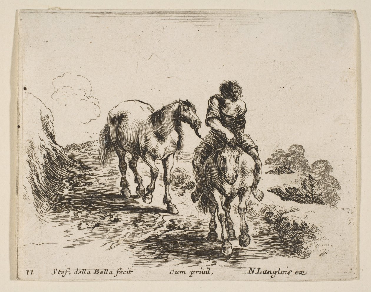 Placa 11: un joven jinete, visto de frente, llevando otro caballo, ca. 1644-47 de Stefano della Bella
