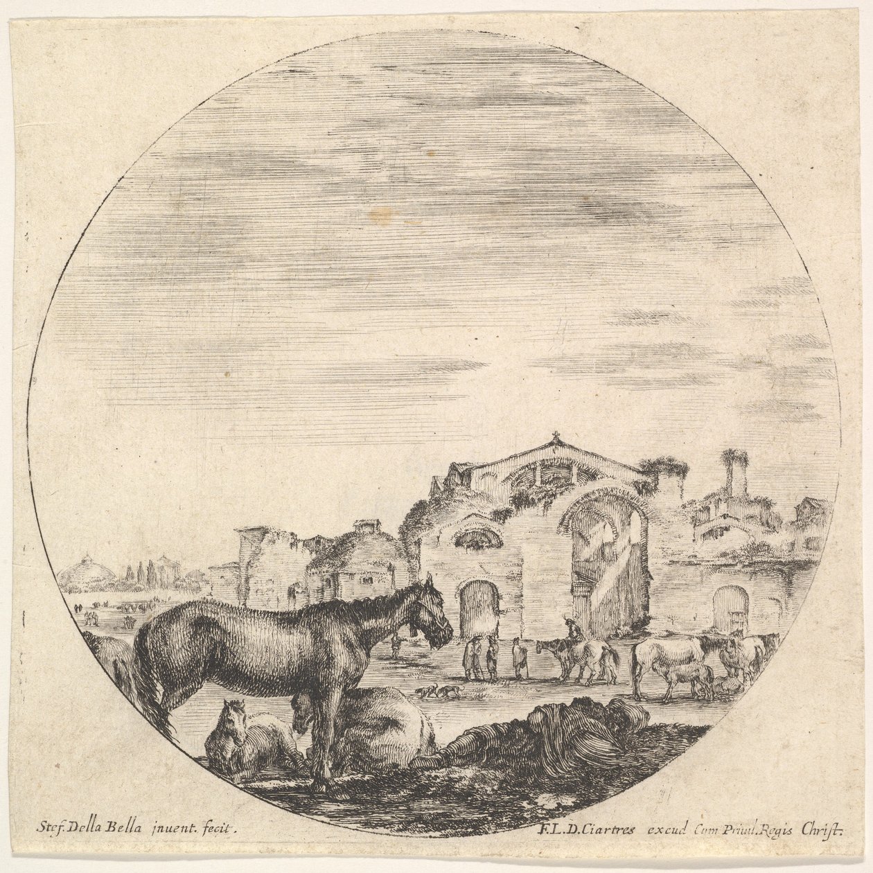 Placa 12: un pastor durmiendo en el suelo a la derecha, tres caballos a la izquierda, otros h..., ca. 1643-48 de Stefano della Bella