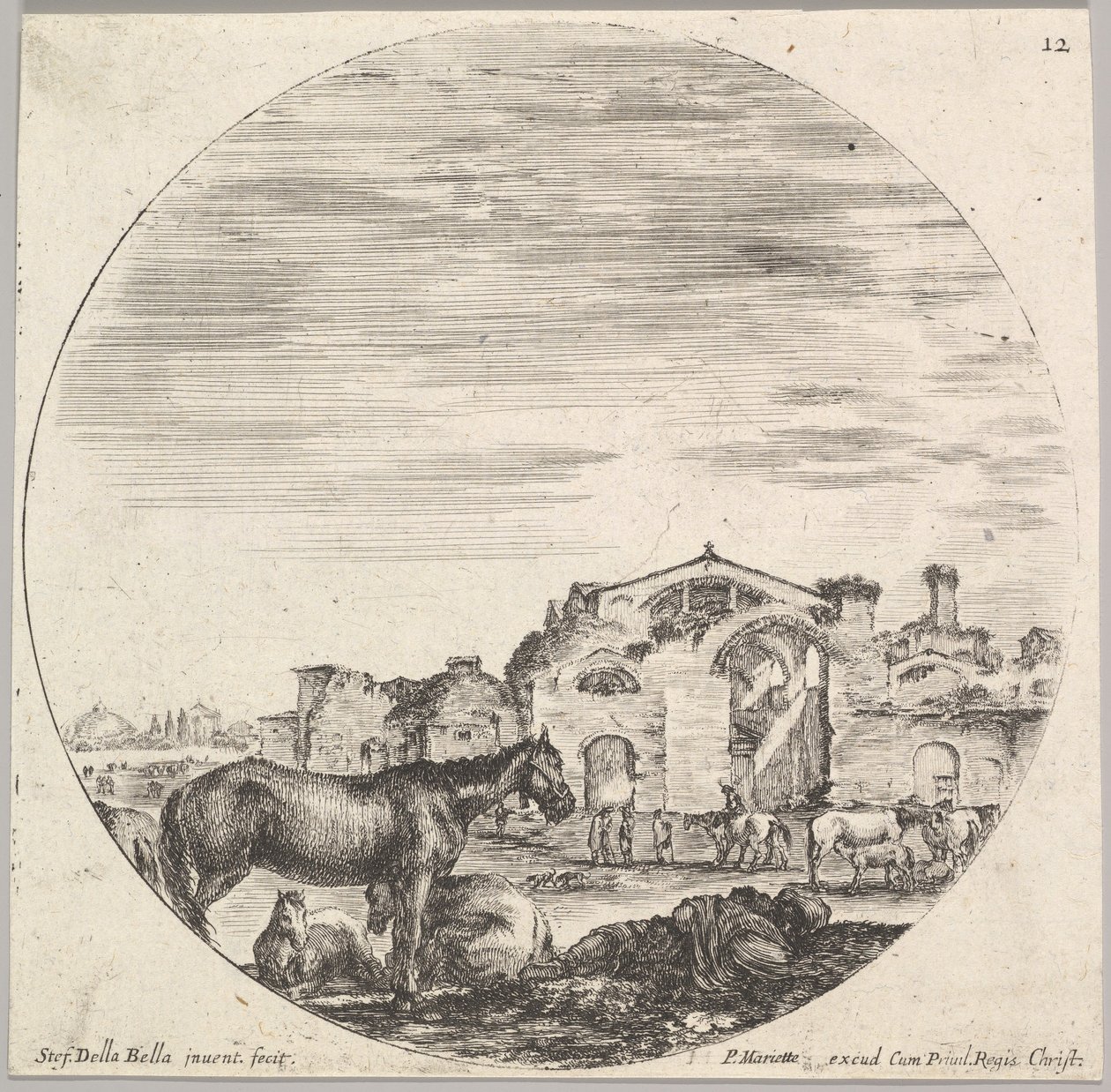 Placa 12: un pastor durmiendo en el suelo a la derecha, tres caballos a la izquierda, otros h..., ca. 1643-48 de Stefano della Bella