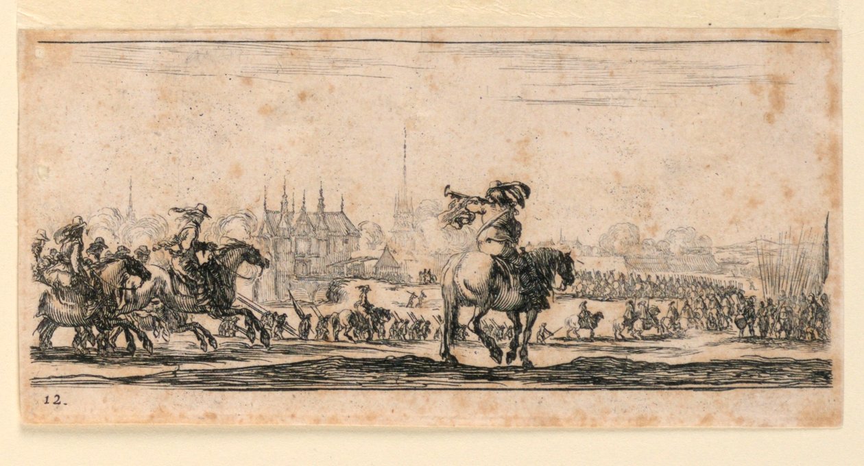 Placa 12, de "Desseins de Queleques Conduites de Troupes, Canons, et Ataques de Villes" de Stefano della Bella