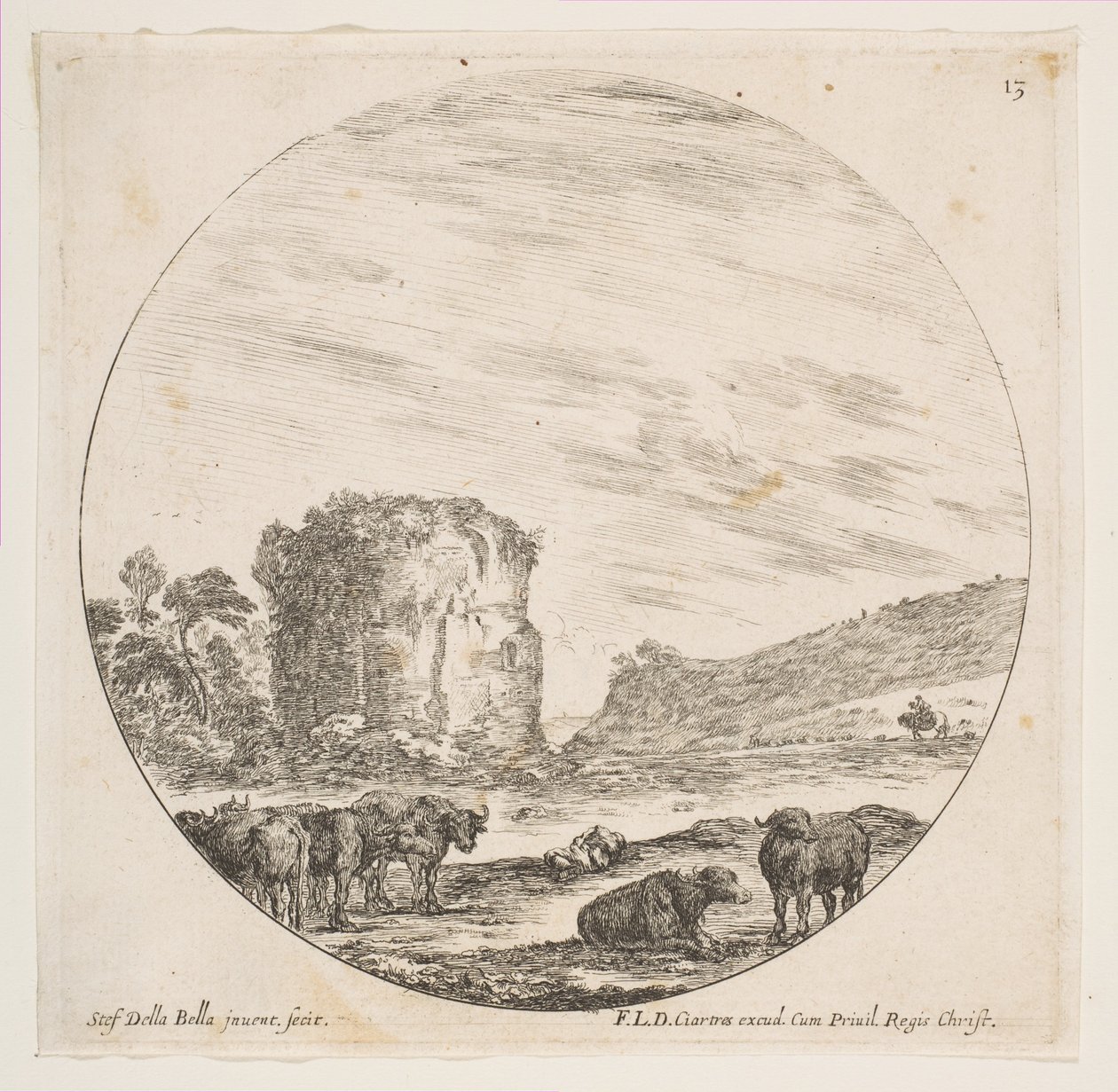 Placa 13: ruinas de un templo en un paisaje romano, de Paisajes y ruinas romanas, ca. 1646 de Stefano della Bella