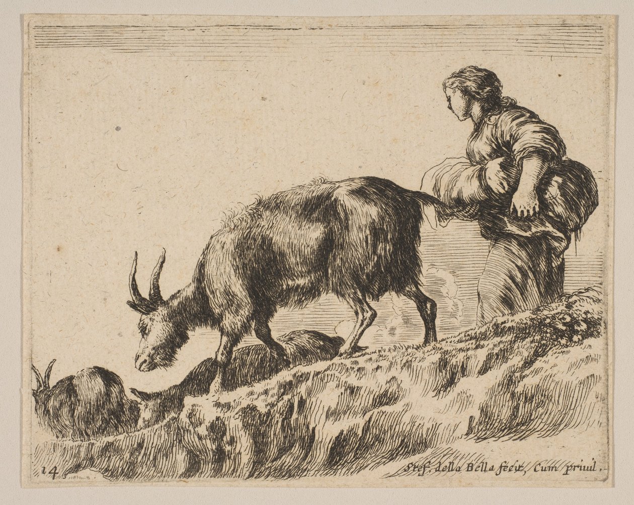 Placa 14: pastora pastoreando cabras, ca. 1641 de Stefano della Bella
