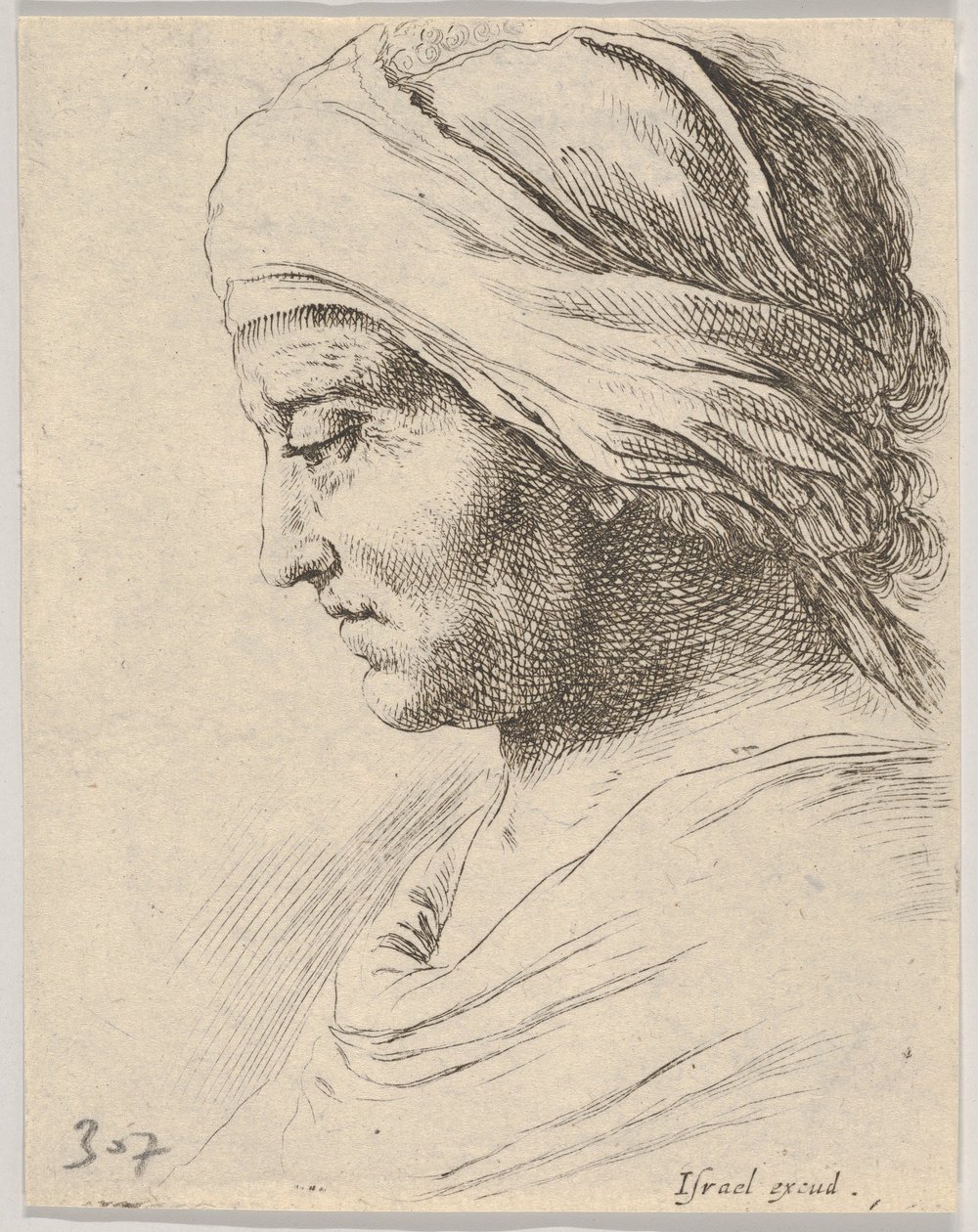 Placa 16: cabeza de un anciano de perfil con un paño atado alrededor de su cabeza, de El B..., ca. 1649 de Stefano della Bella
