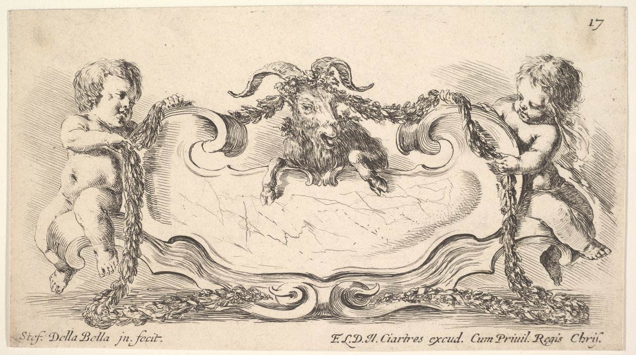 Placa 17: un cartucho con un centro de mármol, un infante a cada lado sosteniendo una guirnalda, 1646 de Stefano della Bella