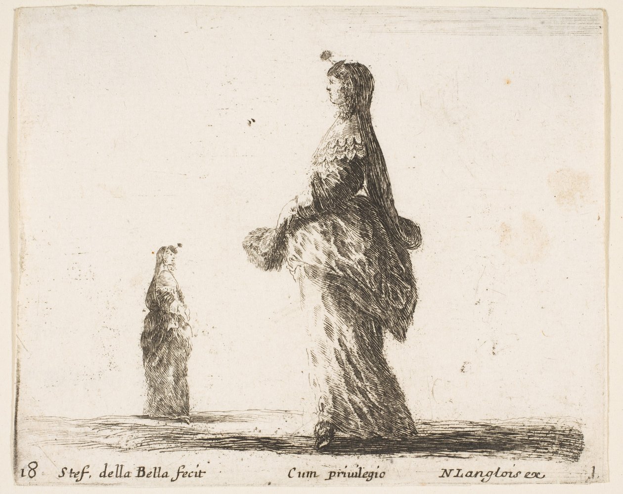 Placa 18: una noble caminando hacia la izquierda con un abanico de plumas, otra mujer, ca. 1644-47 de Stefano della Bella