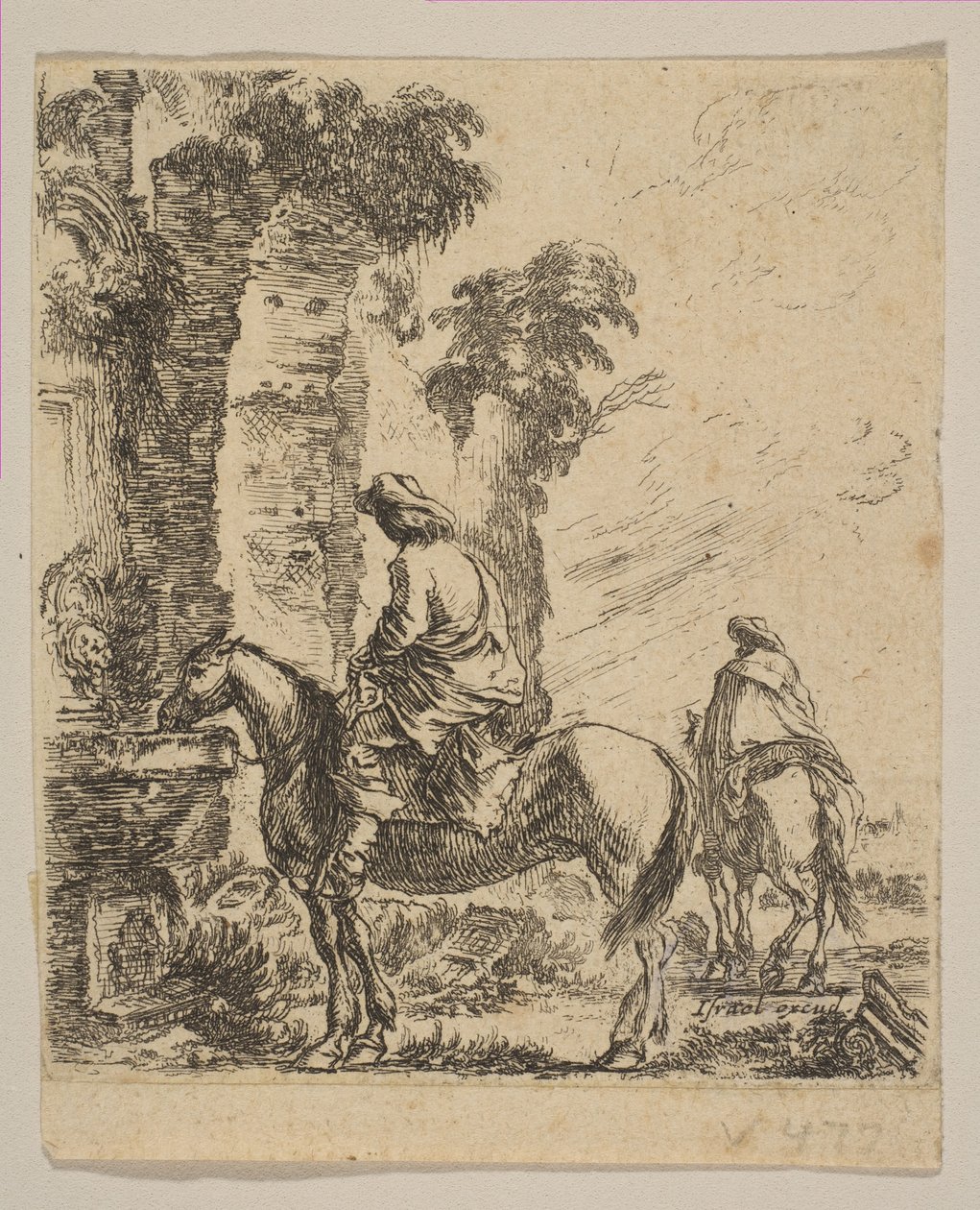 Placa 19: Paisaje con un caballero dando de beber a su caballo en una fuente, de Varios..., ca. 1646 de Stefano della Bella
