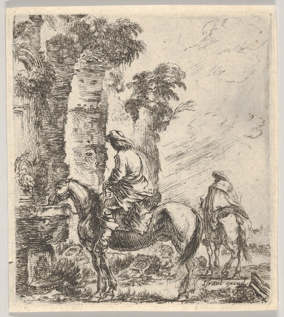 Placa 19: un jinete haciendo que su caballo beba de una fuente a la izquierda, otro h..., ca. 1646 de Stefano della Bella