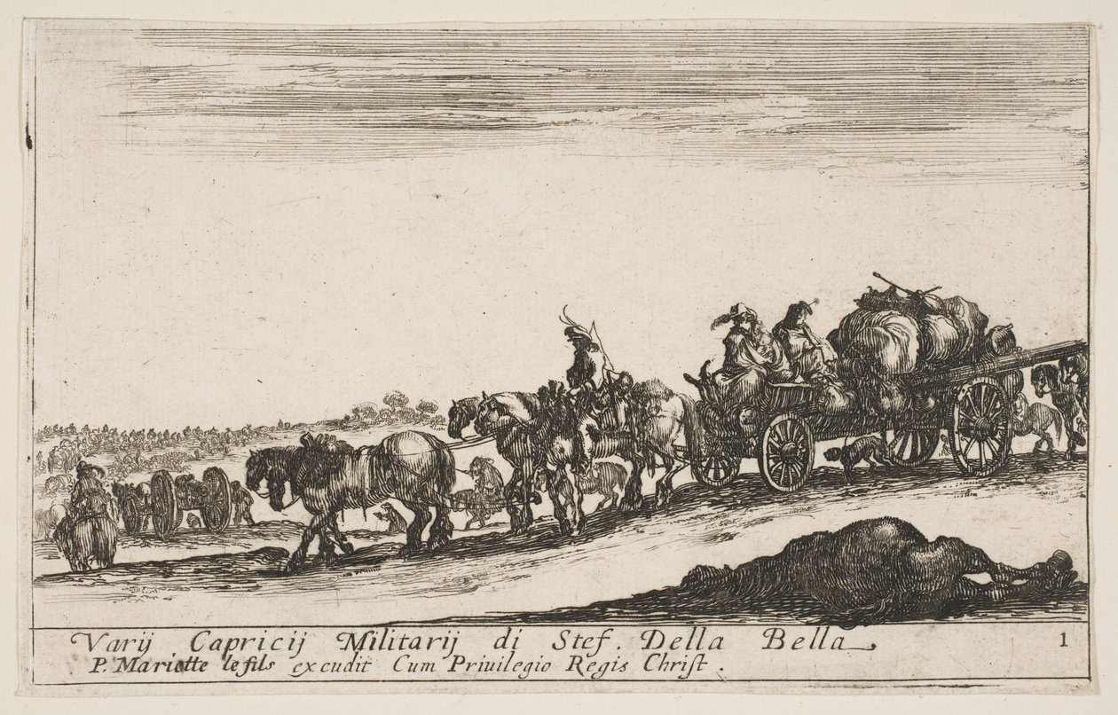 Placa 1: Un carro tirado por caballos que lleva personas y bienes, caballo muerto en primer plano, ca. 1641 de Stefano della Bella
