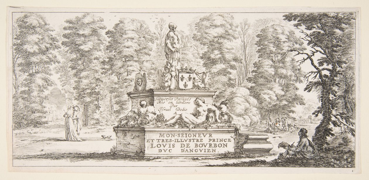 Placa 1: un monumento con estatuas y un escudo de armas en el centro, un dibujante en el... de Stefano della Bella