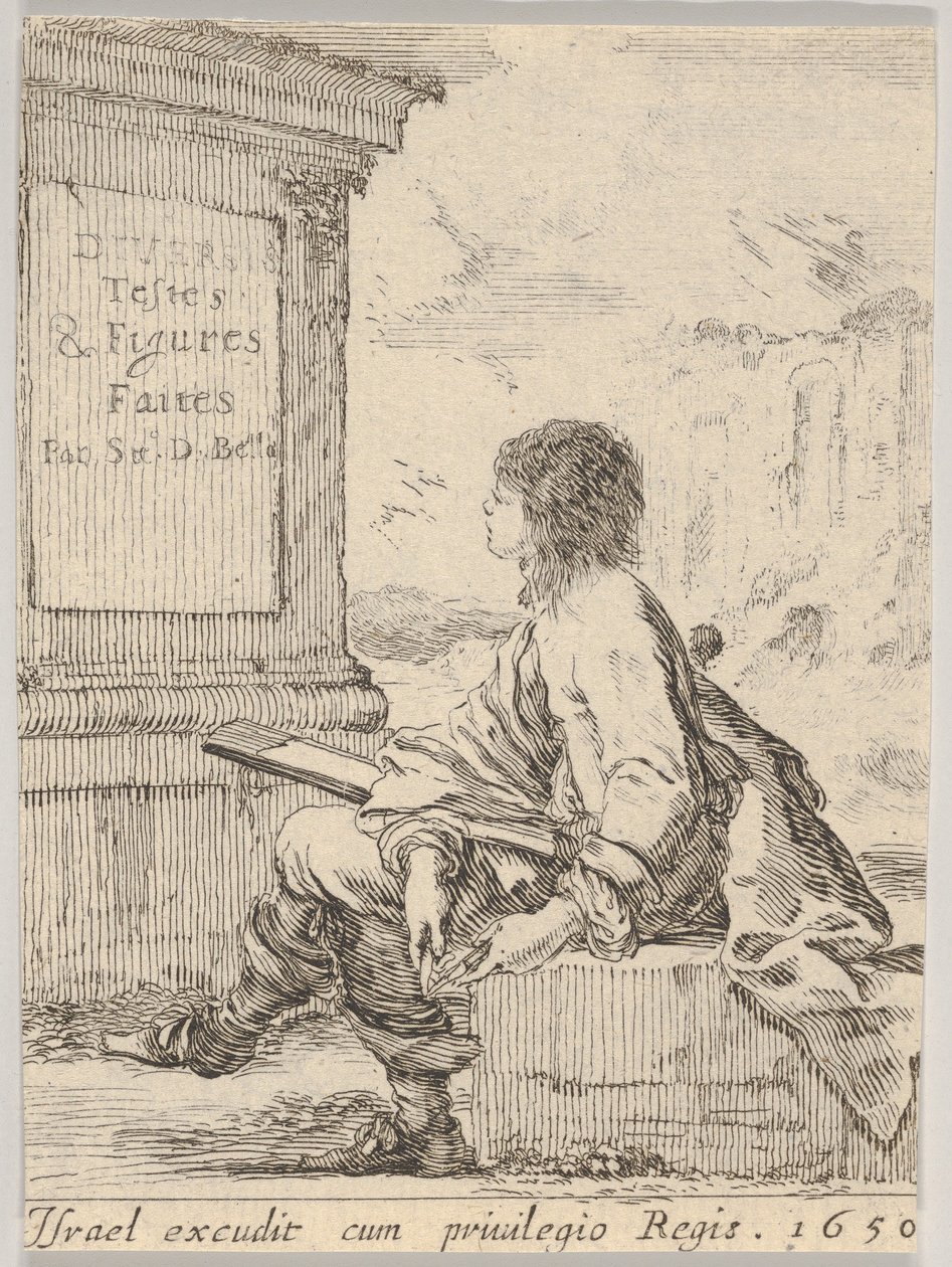 Placa 1: un joven sentado en una piedra, mirando a la izquierda en perfil, sosteniendo un bloc de dibujo..., 1650 de Stefano della Bella
