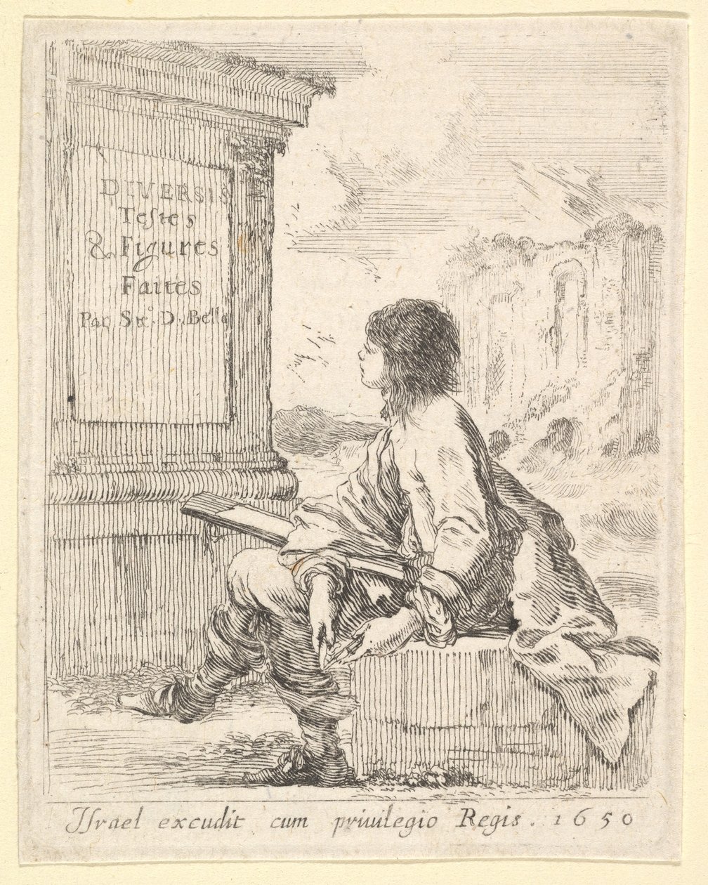 Plato 1: un joven sentado en una piedra, mirando a la izquierda en perfil, sosteniendo un bloc de dibujo, 1650 de Stefano della Bella