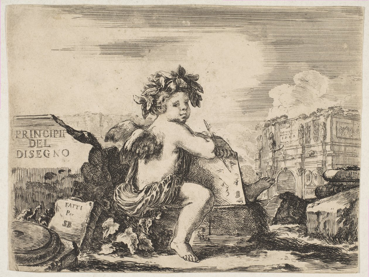 El genio del dibujo, un niño con alas, sentado en una roca en el centro de Stefano della Bella